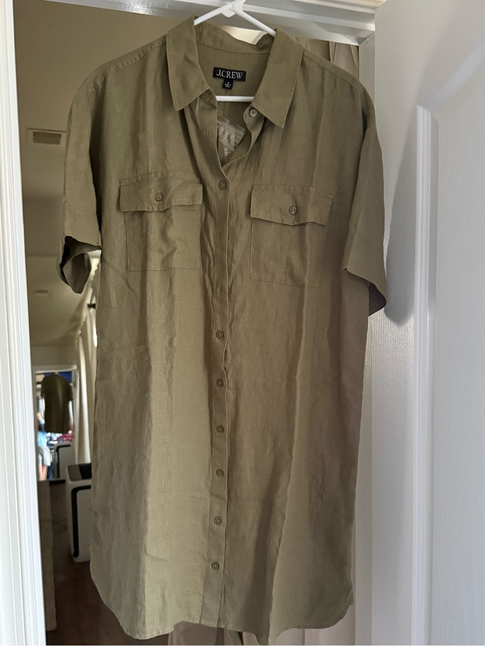 J.Crew Short-Sleeve Button-Up dress in Olive; never worn, size M